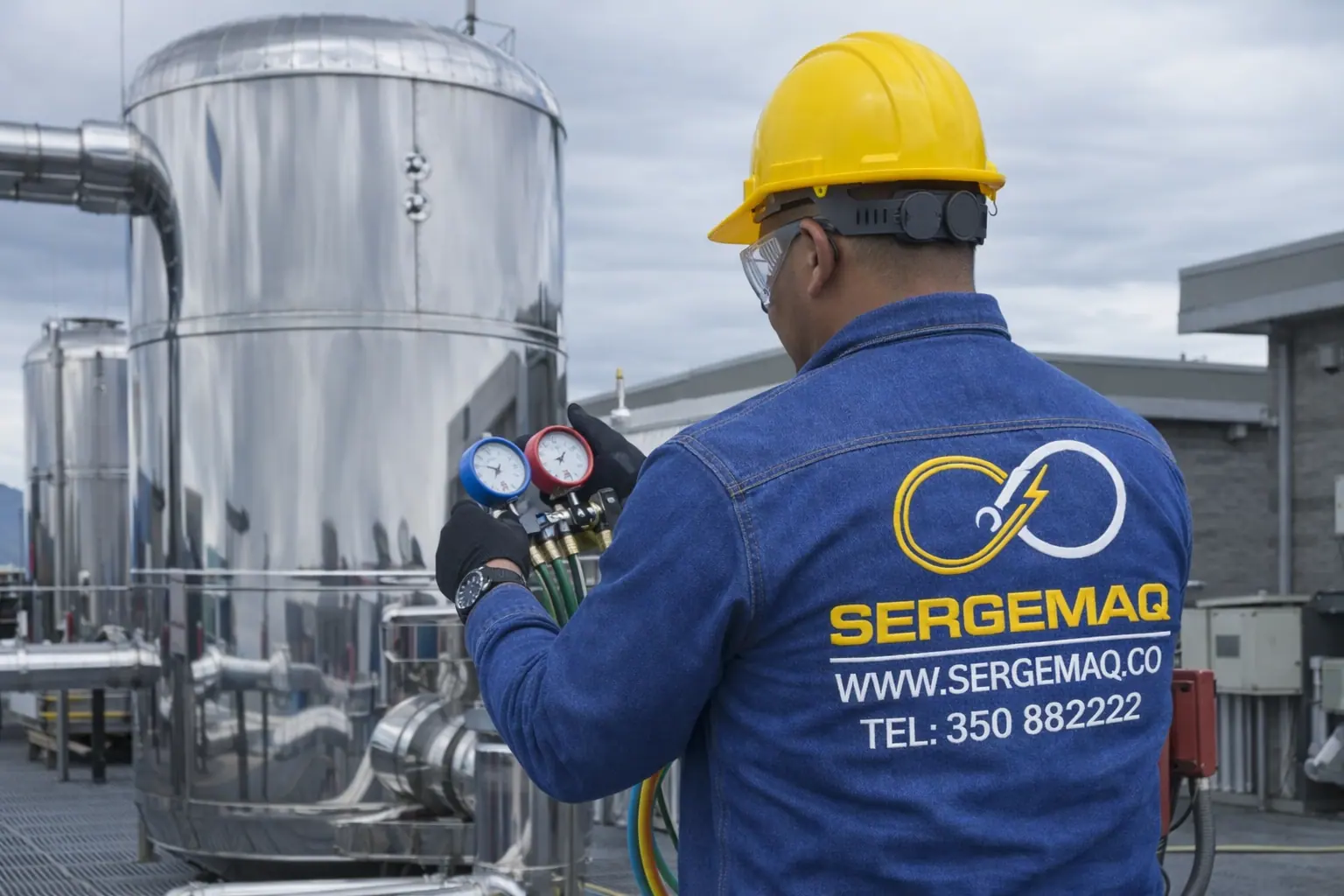 Técnico de SERGEMAQ midiendo presiones con un manómetro de refrigeración sobre el tanque de un chiller industrial en cubierta
