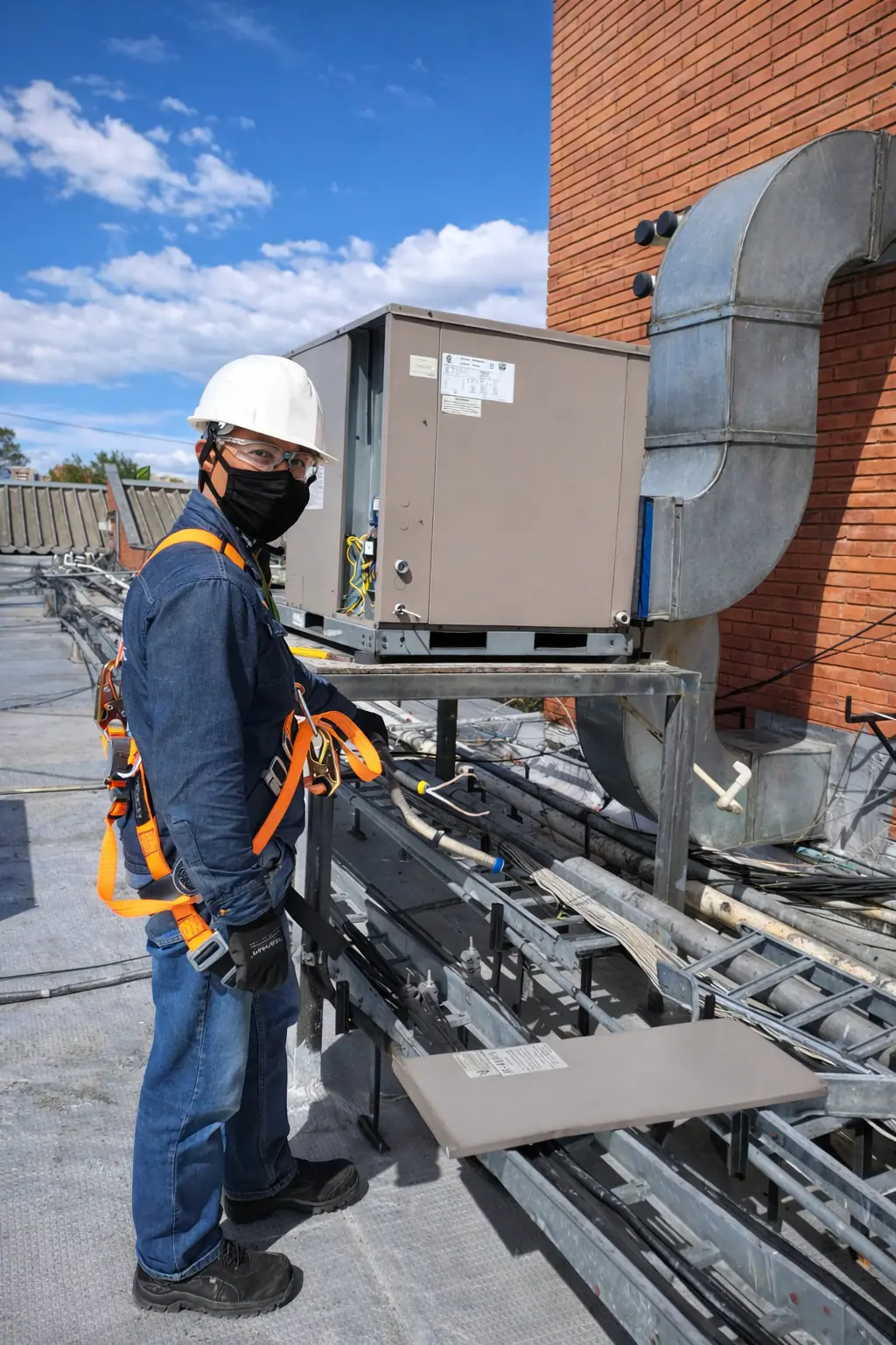 Técnico con equipo de seguridad junto a una instalación de climatización HVAC en cubierta.