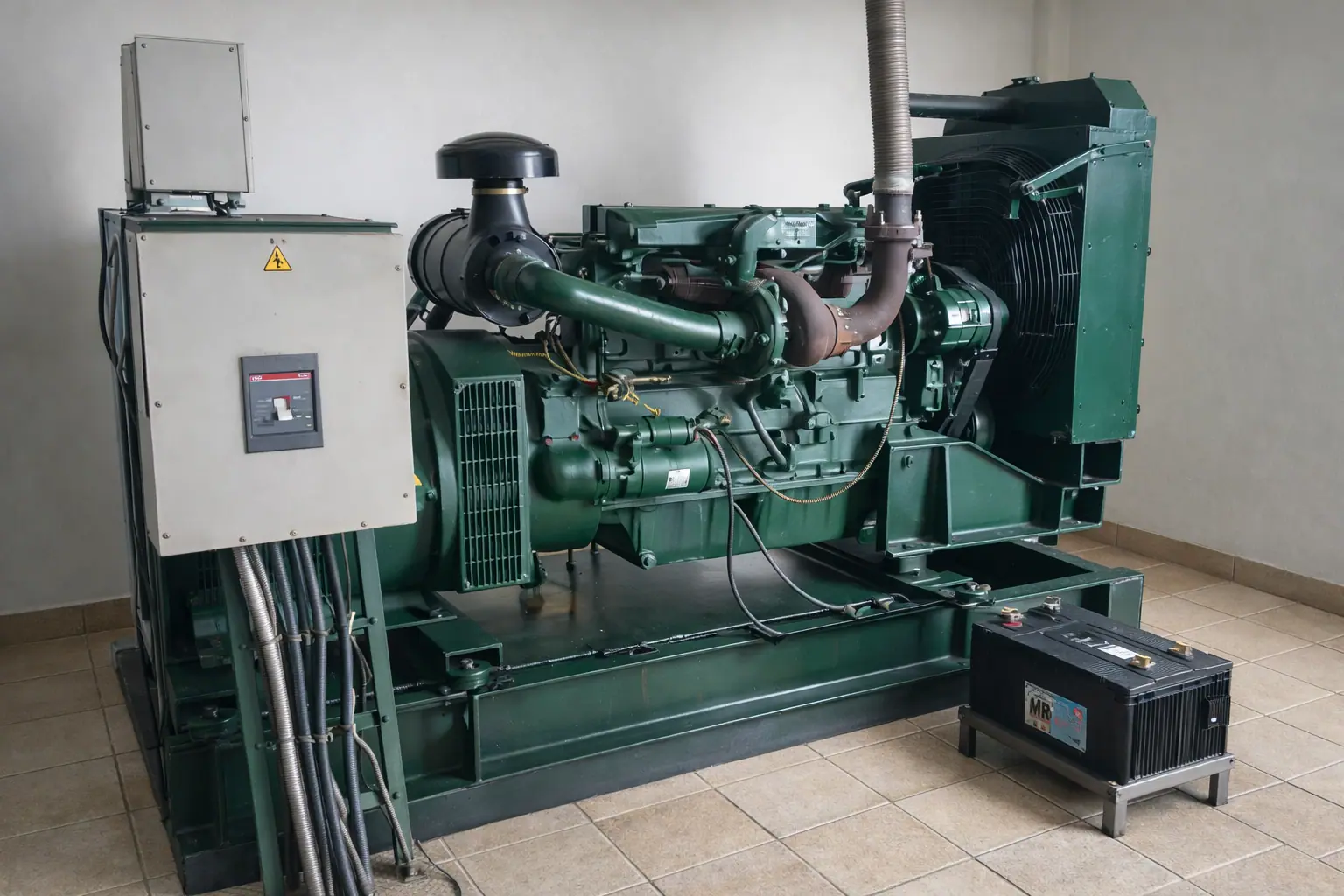 Planta eléctrica de respaldo con su tablero de control en una sala técnica