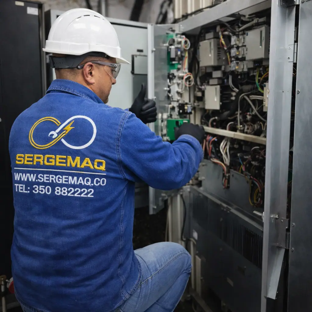 Técnico de SERGEMAQ trabajando en el interior de un tablero eléctrico de control