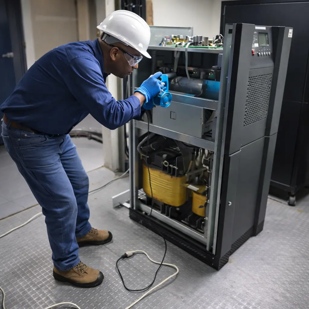 Técnico revisando los componentes internos de un sistema UPS de piso