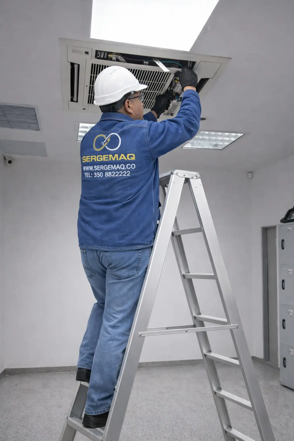 Técnico de SERGEMAQ realizando mantenimiento a un aire acondicionado tipo cassette de techo