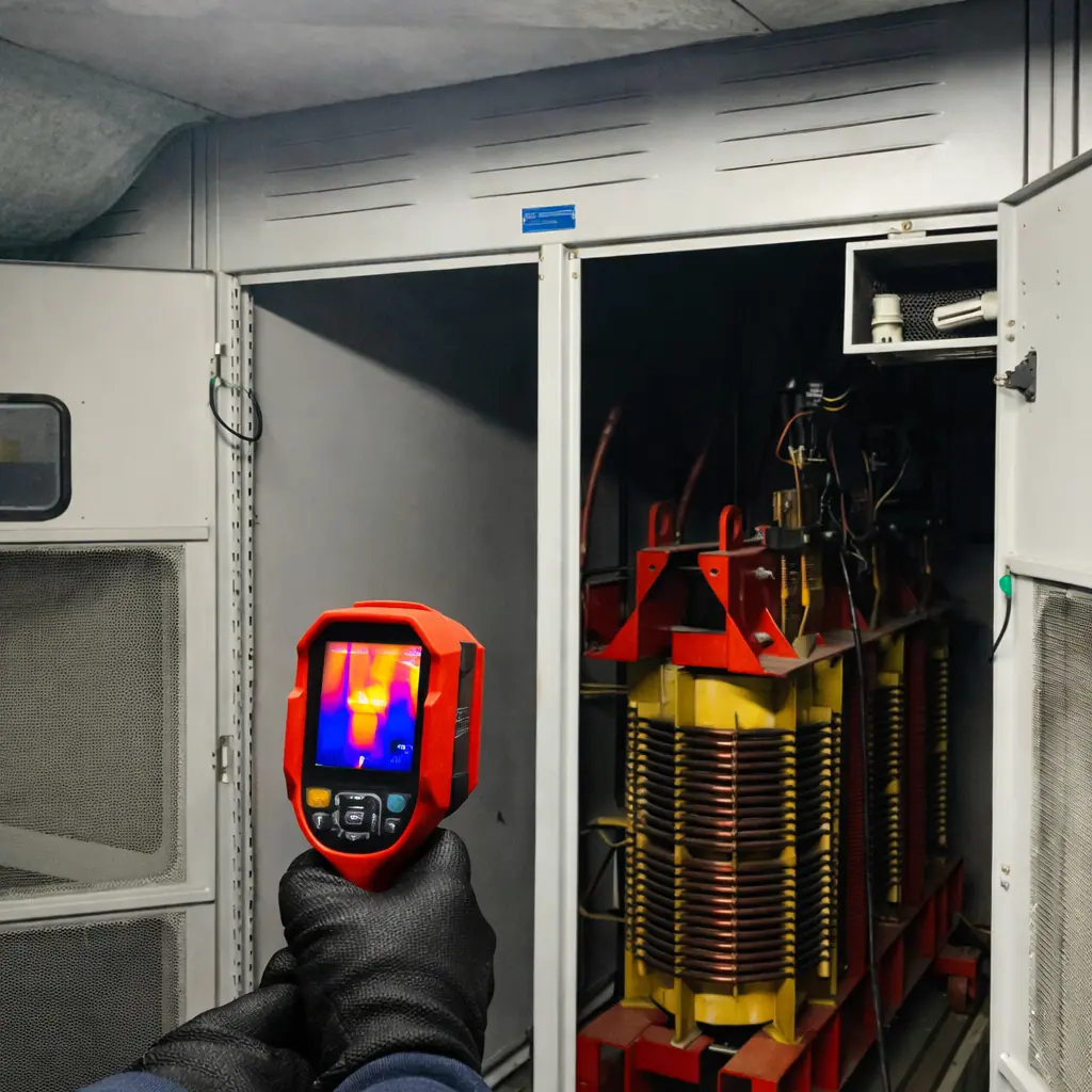 Cámara termográfica apuntando a un transformador seco dentro de una celda de subestación eléctrica